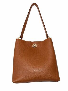 Coach Caramel Pebbled Leather Shoulder Bag | Gold Turn‑Lock | Classic Minimalist